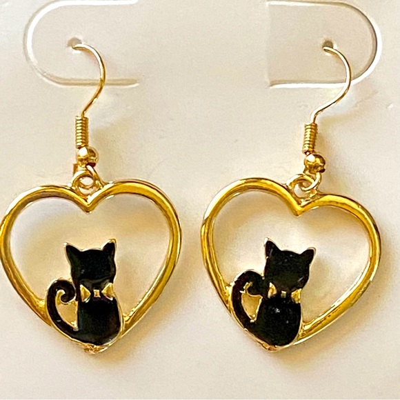 Gold Black Cat Silhouette Heart Frame Drop Dangle Earrings New! - Picture 2 of 6